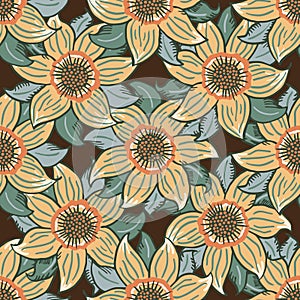 Six petal wildflower vector seamless pattern. Orange green botanical background with hand drawn meadow flowers in arts