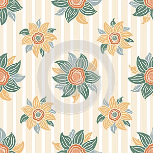 Six petal wildflower vector seamless pattern. Pastel botanical background with hand drawn meadow flowers in arts crafts