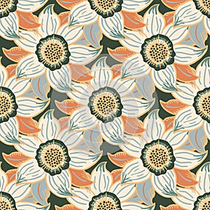 Six petal wildflower vector seamless pattern. Pastel cream green botanical background with drawn meadow flowers in arts