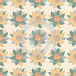 Six petal wildflower vector seamless pattern. Pastel orange green botanical background with hand drawn meadow flowers in