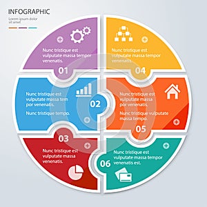 Six piece flat puzzle round infographic presentation. Circle business diagram.