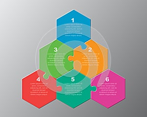 Six piece puzzle jigsaw hexagonal info graphic