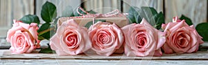 Six Pink Roses and Giftbox on Rustic White Wooden Background - Romantic Floral Gift Idea for Any Occasion