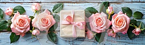 Six Pink Roses and Giftbox on Rustic White Wooden Background - Romantic Floral Gift Idea for Any Occasion