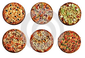 Six pizza on wooden stand isolated on white
