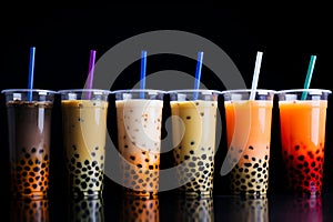 Six plastic cups of bubble tea in a row. Popular asian tapioca teenagers drink.