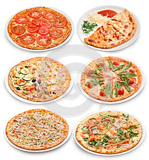 The six plates with a popular italian pizzas