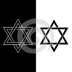 Six-pointed star icon. Hexagram sign. Symbol of Star of David,  Judaism. Wicca isolated icon in black with white outline