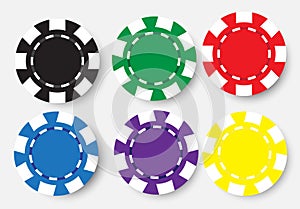 Six poker chips isolated on white background