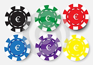 Six poker chips isolated on white background