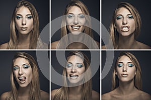 Six portraits of young woman in different expressions