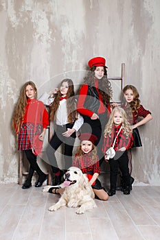 Six pretty girls of different ages, six sisters are posing indoors during repairs