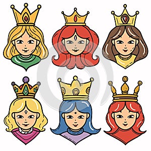 Six princesses cartoon characters wearing crowns, diverse hairstyles outfits. Cheerful young photo