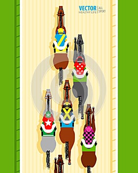 Six racing horses competing with each other. Banner. Universal template for a website. Horse racing. Hippodrome