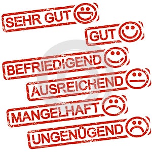 six red stamps with smilies and ratings