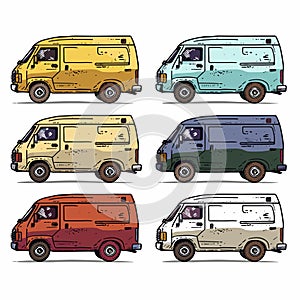 Six retro vans handdrawn illustrations, various colors, vintage vehicles side view, urban