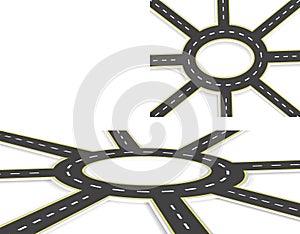 Six Roads, highway, roundabout, top view and perspective view with shadow. Two-lane roads with the same marking at an