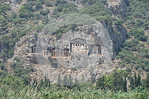 Six rock tombs at ancient Kaunos in Turkey