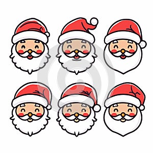 Six Santa Claus faces different expressions. Santa has red hat, white beard, jolly appearance photo