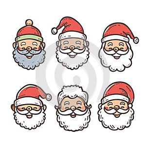 Six Santa Claus faces expressing different jovial emotions, all wear festive hats, glasses photo