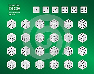 Six sided Isometric Dice. Vector illustration of white cubes with black pips in all possible turns on green checkered background