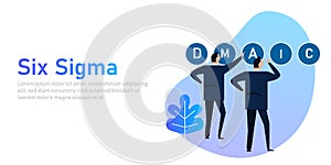 Six sigma a concept of process business improvement through DMAIC strategy. Businessman working on.