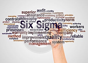 Six Sigma word cloud and hand with marker concept