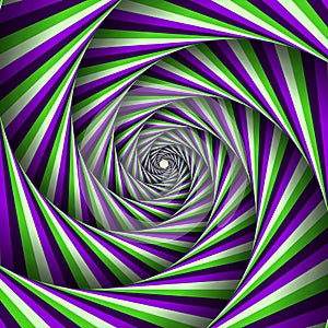 Six-sleeved unwinding spiral of color stripes. Moving optical illusion vector abstraction