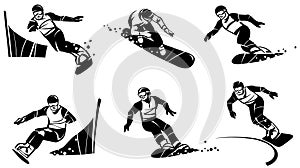 Six snowboarders compete in slalom. Hand drawn illustration.