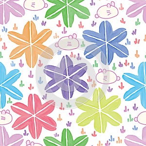Six star leaf grasses rabbit Japan style watercolor seamless pattern