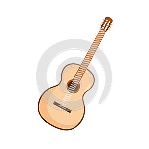 Six-stringed acoustic guitar from wood. Wooden classic music instrument with hole, fretboard and frets. Colored flat