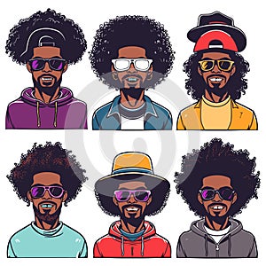 Six stylized afrohaired men portraits, sporting unique fashion, glasses, hats. Diverse modern male photo
