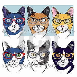 Six stylized cat faces wearing different glasses, colorful, quirky fashion feline portraits