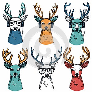 Six stylized deer heads, unique features accessories. Cartoon deer headphones, glasses, artistic