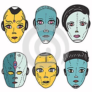 Six stylized faces resemble futuristic robotic heads, visible markings patches. Faces varied photo