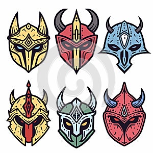 Six stylized fantasy warrior helmets colorful design, helmet features unique horns cultural