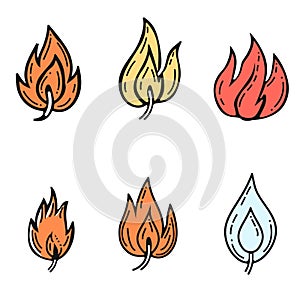 Six stylized flames various colors, cartoon fire collection set, flame has unique shapes designs