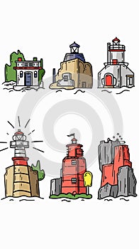 Six stylized lighthouses, colorful, various designs, coastal navigation landmarks. Handdrawn