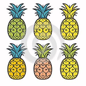 Six stylized pineapples different colors displayed against white. Tropical fruit, handdrawn style