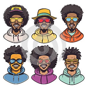 Six stylized portraits black men afros wearing various sunglasses colorful clothing, man exhibits photo