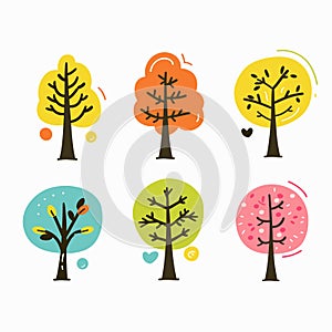 Six stylized trees represent different seasons times whimsical, colorful design. Simplified tree photo