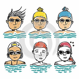 Six swimmers different hairstyles swim caps illustrated water, character sporting unique swimwear photo