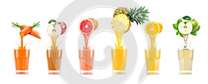 Six tastes of juice pouring in glass from fruit photo