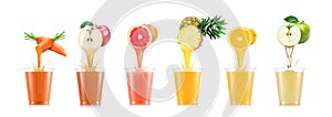 Six tastes of juice pouring in plastic cup from fruit photo