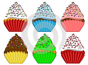 Six Variety Cupcakes with Sprinkles Illustration