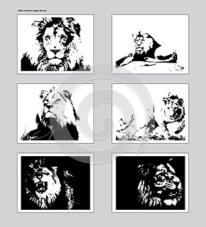 Six vector posters with traced lion heads. Ansi A format mockup photo