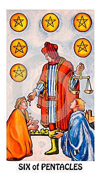 Six VI of Pentacles Tarot Card Charity Generosity Support