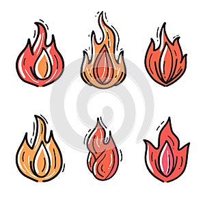 Six vibrant fire flame icons presented handdrawn style. Cartoon fire flames detailed orange red photo