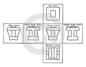 Six views of Object in a projection, series of orthographic,  vintage engraving