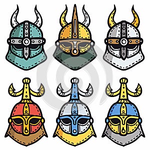 Six Viking helmets colorful cartoon style. Helmets feature classic Norse design horns metallic